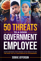 Book cover of '50 Threats to a Good Government Employee' with a man and woman in professional attire.